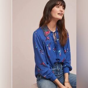 Anthropologie Ranna Gill Audubon Embroidered collared Blouse sequins hummingbird